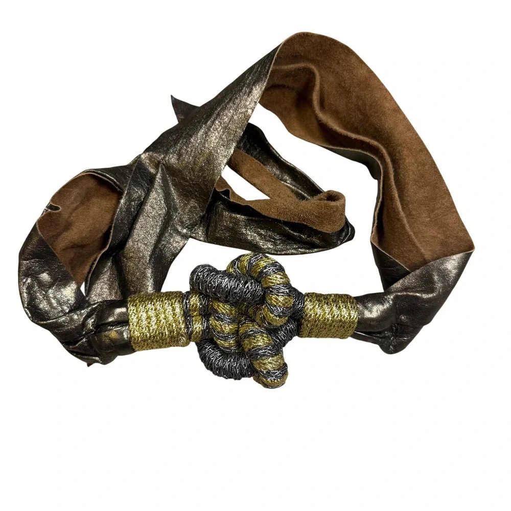 Vintage 90s Y2K Glam Metallic Bronze Leather Wrap Belt Gold Silver‎ Tie Waist Sm